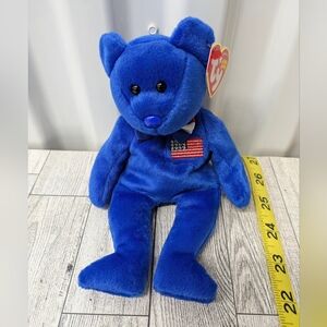 Ty John Royal Blue Plush Bear with Flag Patch